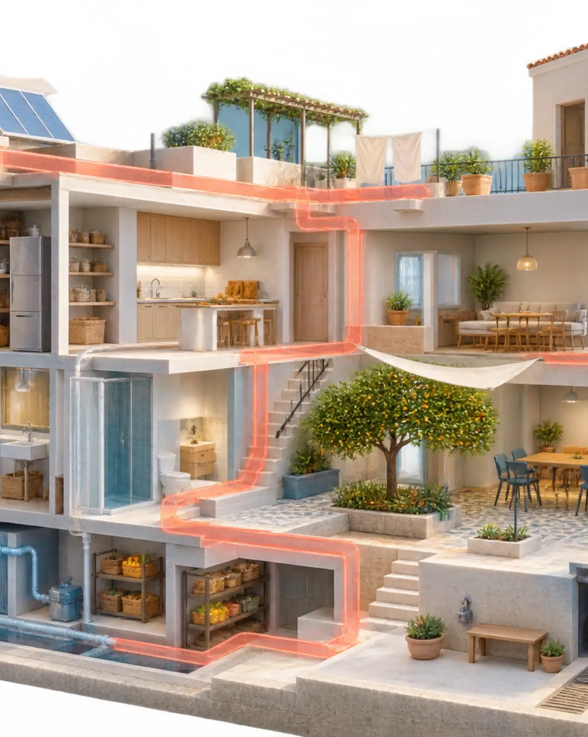 Edificio gaditano en sección con recorridos translúcidos que conectan cubierta, cocina, patio y espacios de servicio